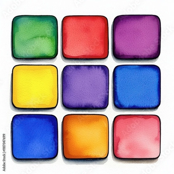 Fototapeta Colorful Watercolor Squares in a Nine-Grid Pattern on White Background