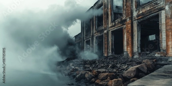 Fototapeta An atmospheric view of a decaying industrial building surrounded by mist, evoking a sense of abandonment.