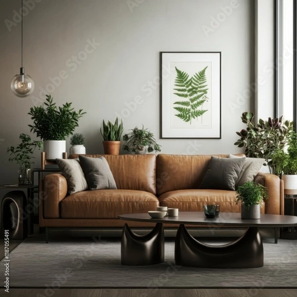 Fototapeta Cozy living room, brown leather sofa, botanical wall art, potted plants, window light, minimalist decor, white brick wall, wooden floor, earth tones, natural elements, interior design, houseplants, Sc
