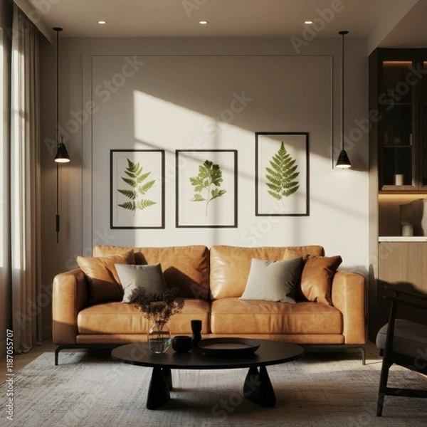 Fototapeta Cozy living room, brown leather sofa, botanical wall art, potted plants, window light, minimalist decor, white brick wall, wooden floor, earth tones, natural elements, interior design, houseplants, Sc