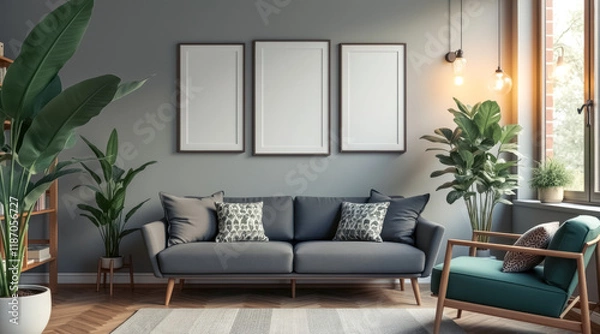 Fototapeta contemporary living room with gray sofa green armchair