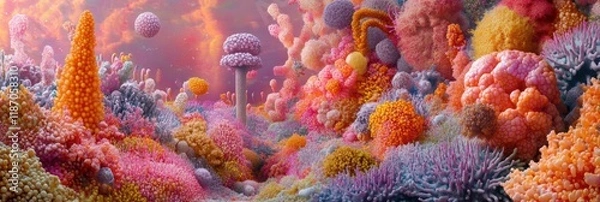 Fototapeta Bacteria forms and textures create a vibrant and colorful background resembling an underwater world with intricate details. Generative AI