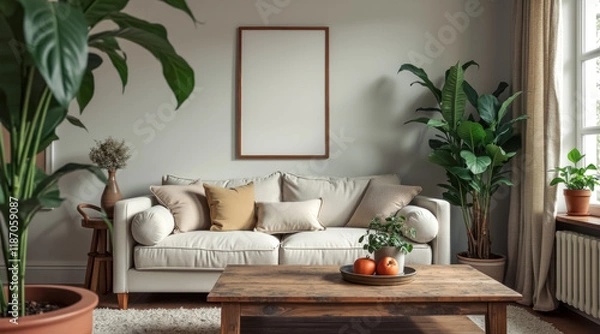 Obraz serene living room with beige sofa potted plants