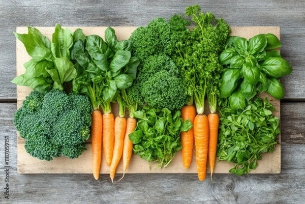 Fototapeta Assortment of fresh green vegetables and carrots arranged on a wooden board.