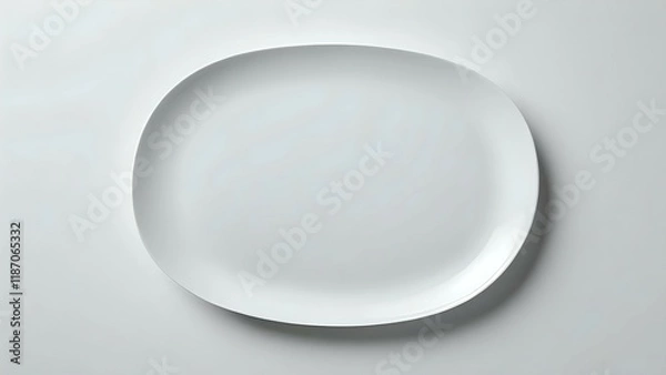 Fototapeta A single, clean, white oval plate on a light gray background. Minimalist design, perfect for food blogs or restaurant menus.