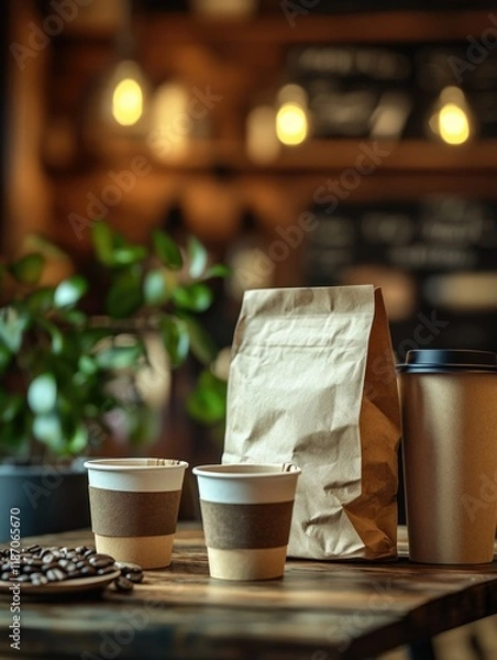 Obraz Warm Coffee Shop Counter with Drinks and Bag
