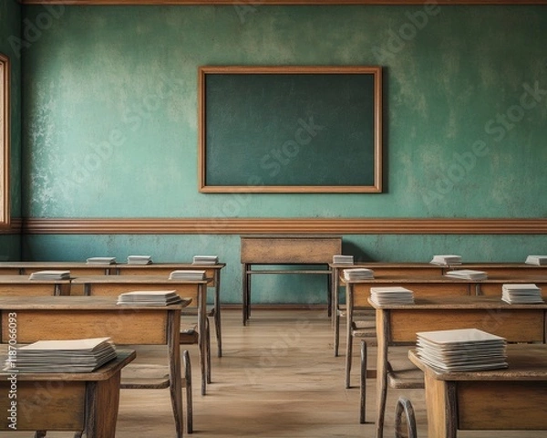 Obraz Tranquil Classroom with Exam Papers and Chalkboard – Educational Focus in Soft Pastel Palette