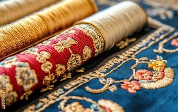 Obraz Rich texture of an oriental woven carpet with golden and red threads.