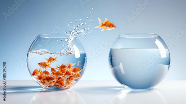 Obraz Two Glass Fishbowls on White Surface With Soft Blue Gradient Background | Round Fish Aquarium