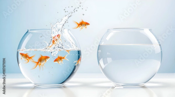 Obraz Two Glass Fishbowls on White Surface With Soft Blue Gradient Background | Round Fish Aquarium