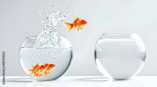 Obraz Two Glass Fishbowls on White Surface With Soft Blue Gradient Background | Round Fish Aquarium