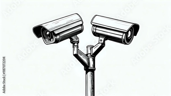 Fototapeta Dual security cameras mounted on a pole,  illustration style, black and white sketch. Ideal for security, surveillance, and technology concepts.