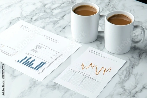 Fototapeta Coffee Cups and Documents on Marble Table with Business Graphs and Reports