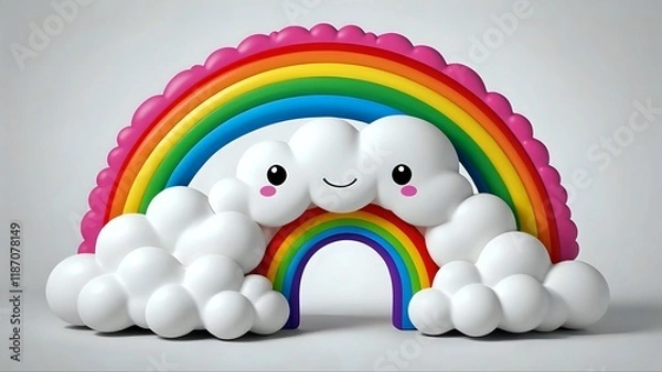 Fototapeta Cheerful 3D render of a rainbow and clouds; whimsical, cute cartoon style; ideal for children's products, websites, or branding.