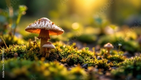 Fototapeta Enchanted Forest Floor Sunlight Filtering Through Mushroom Canopy Illuminating Mossy Ground