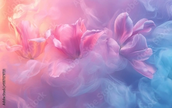 Obraz Soft pastel-colored flowers surrounded by misty smoke in an ethereal, surreal composition. Gentle light and airiness create a fantasy mood.