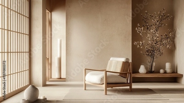 Fototapeta A minimalist tropical room with a 3D-rendered wooden armchair and Japanese partition brings balance and serenity to the space.