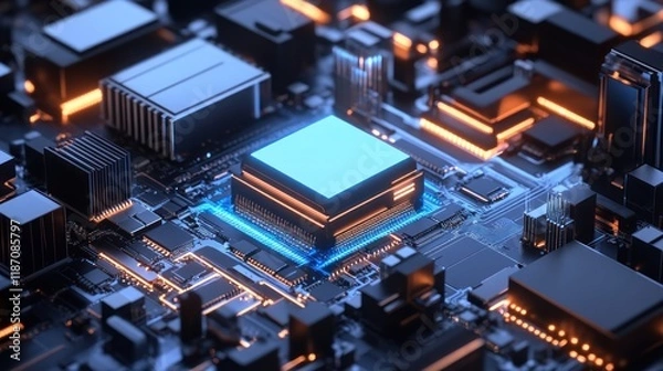Fototapeta Illuminated Central Processing Unit On Circuit Board