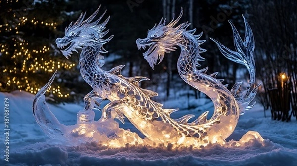 Fototapeta A glistening ice sculpture of a dragon, illuminated with soft lights, placed on a bed of fresh snow during a New Yeara??s celebration