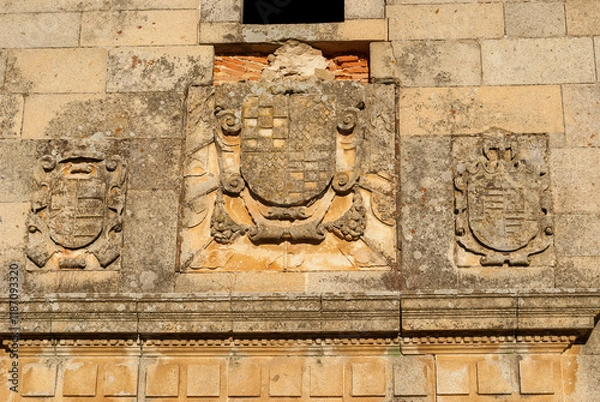 Fototapeta Coat of arms of the Franciscan convent in ruins of the Bien Parada Abadia Extremadura