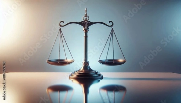 Fototapeta Golden scales of justice, balanced, symmetrical, soft lighting, pink and peach gradient background, legal symbol, 3D rendering, metallic texture, conceptual image, law and order, equality, fairness, j