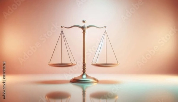 Fototapeta Golden scales of justice, balanced, symmetrical, soft lighting, pink and peach gradient background, legal symbol, 3D rendering, metallic texture, conceptual image, law and order, equality, fairness, j