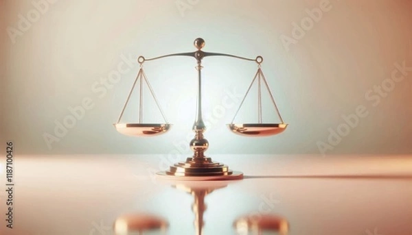 Fototapeta Golden scales of justice, balanced, symmetrical, soft lighting, pink and peach gradient background, legal symbol, 3D rendering, metallic texture, conceptual image, law and order, equality, fairness, j