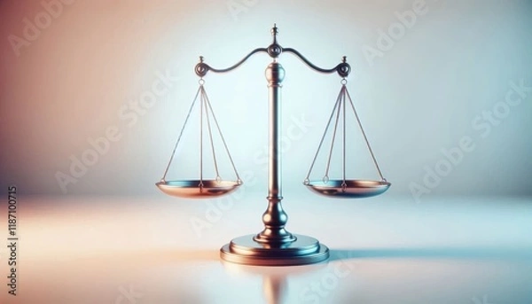 Fototapeta Golden scales of justice, balanced, symmetrical, soft lighting, pink and peach gradient background, legal symbol, 3D rendering, metallic texture, conceptual image, law and order, equality, fairness, j
