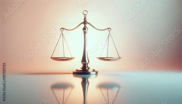 Fototapeta Golden scales of justice, balanced, symmetrical, soft lighting, pink and peach gradient background, legal symbol, 3D rendering, metallic texture, conceptual image, law and order, equality, fairness, j