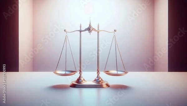 Fototapeta Golden scales of justice, balanced, symmetrical, soft lighting, pink and peach gradient background, legal symbol, 3D rendering, metallic texture, conceptual image, law and order, equality, fairness, j