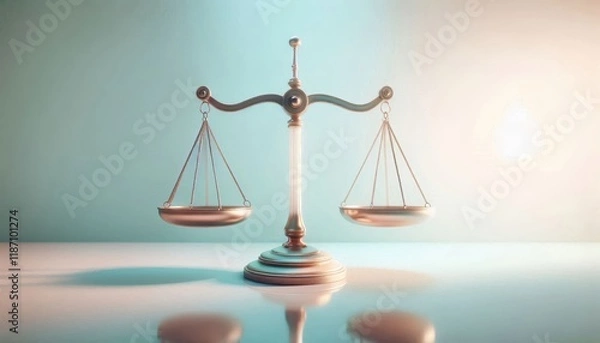 Fototapeta Golden scales of justice, balanced, symmetrical, soft lighting, pink and peach gradient background, legal symbol, 3D rendering, metallic texture, conceptual image, law and order, equality, fairness, j