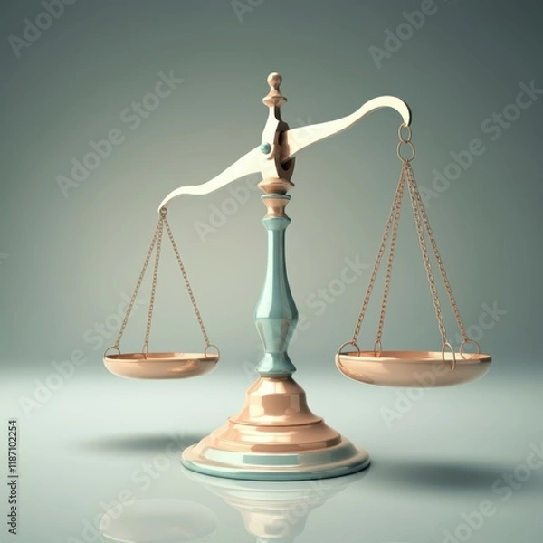 Fototapeta Golden scales of justice, balanced, symmetrical, soft lighting, pink and peach gradient background, legal symbol, 3D rendering, metallic texture, conceptual image, law and order, equality, fairness, j