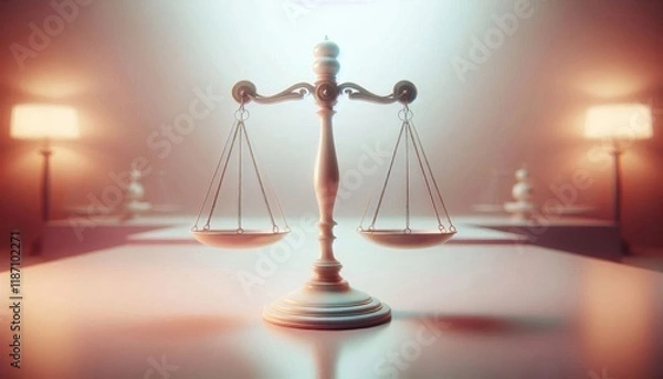 Fototapeta Golden scales of justice, balanced, symmetrical, soft lighting, pink and peach gradient background, legal symbol, 3D rendering, metallic texture, conceptual image, law and order, equality, fairness, j