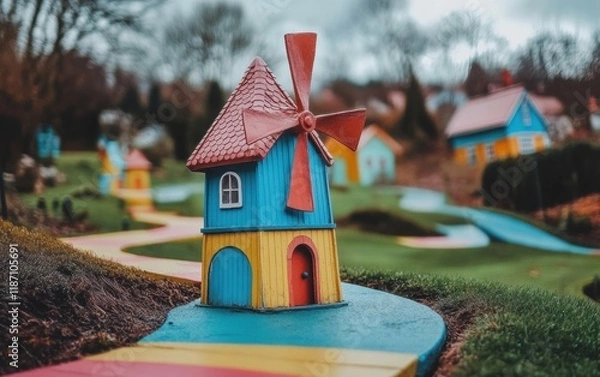 Obraz Bright miniature house with windmill in a park. Playground, fairy tale vibe