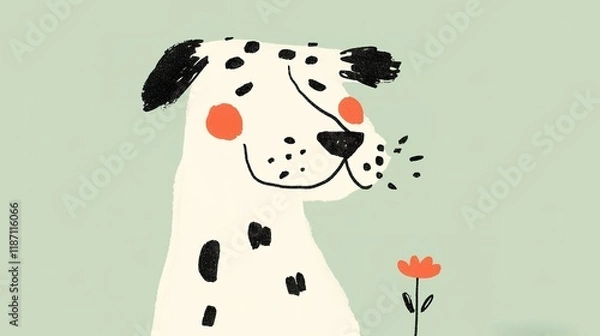 Fototapeta A cute, cartoon-style dog with black spots holds a flower, set against a soft green background, exuding a cheerful and playful vibe.