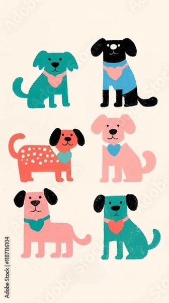 Fototapeta A colorful illustration featuring six playful, cartoon-style dogs with various colors and patterns, each wearing a blue collar.