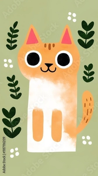 Fototapeta A cute, cartoon-style orange cat with large eyes sits amidst green foliage and small flowers, exuding a playful and cheerful vibe.