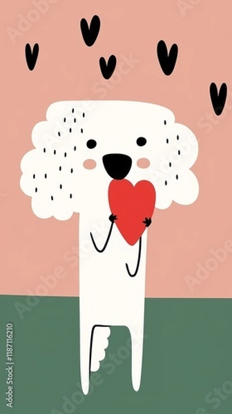 Fototapeta A cute, cartoon-style dog holding a red heart, surrounded by small hearts, expressing love and affection against a pastel background.