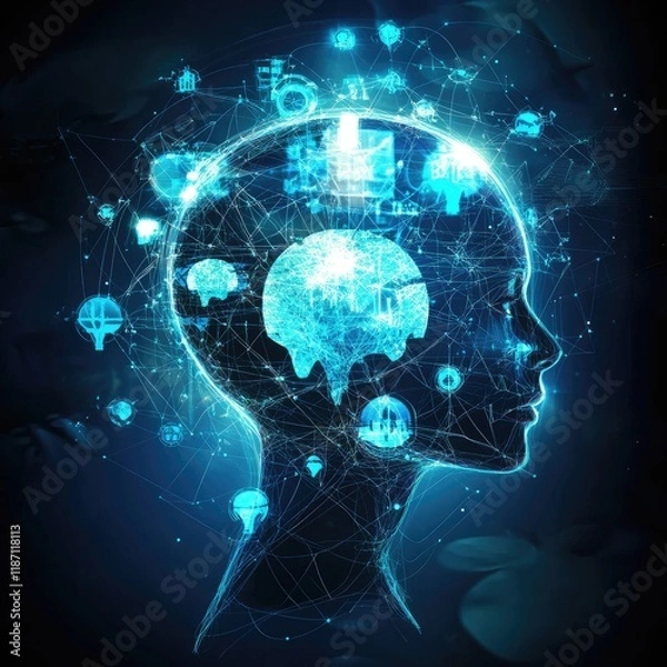 Fototapeta Child's profile with glowing brain, network data flow, dark background.