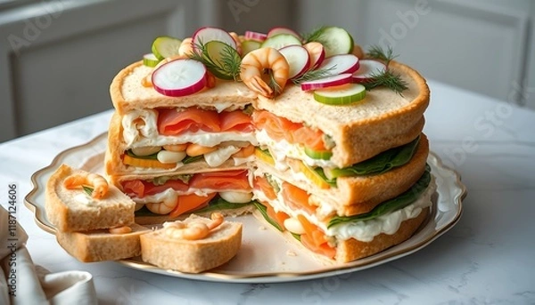 Fototapeta Smörgåstårta – Swedish Savory Sandwich Cake with Seafood and Fresh Garnishes
