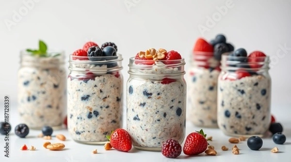 Fototapeta Fruit-filled jars of oatmeal with berries and nuts