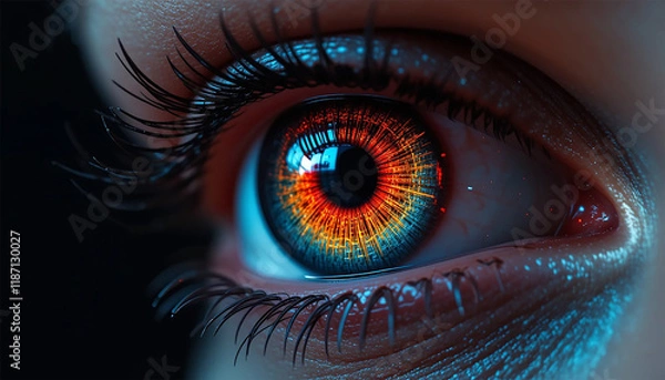 Fototapeta A close-up of a woman's eye, featuring a striking glowing red iris that captivates the viewer's attention.