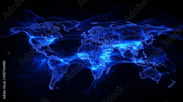 Obraz A high-tech digital world map with glowing blue data lines flowing across the continents representing global connectivity and information exchange  
