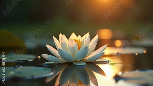 Fototapeta Buddhism, The doctrine of emptiness, shunyata,Minimalist photo of a lotus symbolizing shunyata, floating in water with golden reflections, serene setting.