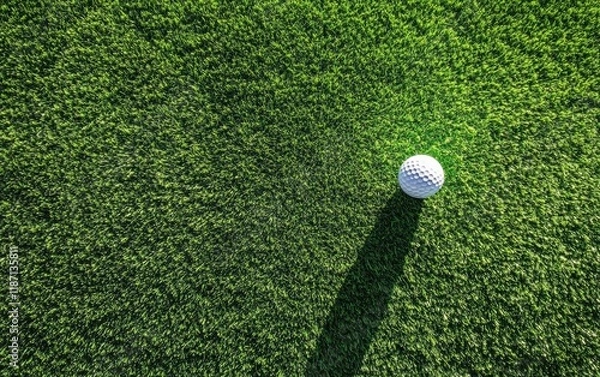 Obraz A single golf ball lying on neatly trimmed green grass with a long shadow in bright light. Top view