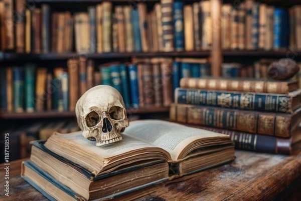 Fototapeta human skull perched on old open book in dusty antique library setting symbolizing mortality and knowledge concept of literature, science, education