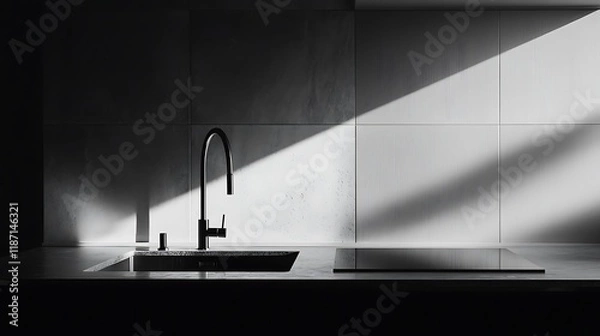 Fototapeta Minimalist kitchen with monochrome tones and clean lines 
