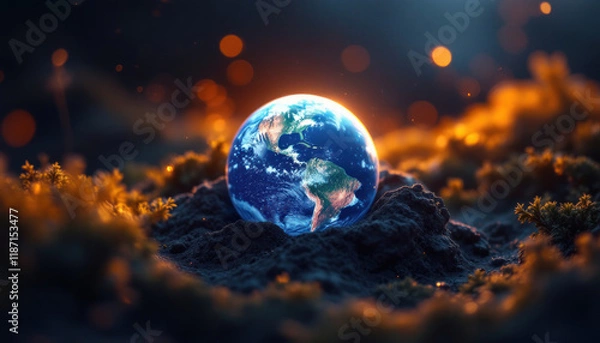Fototapeta Fragile Earth: A Glowing Orb Resting on Dark Soil
