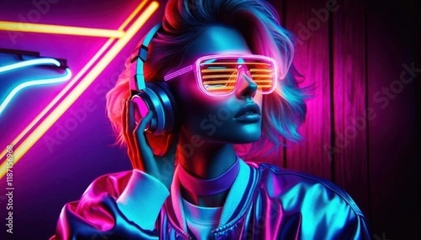 Fototapeta Cyberpunk portrait, neon colors, vibrant hair, glowing round sunglasses, blue skin, retro-futuristic, synthwave aesthetic, pink and blue lighting, holographic effect, detailed facial features, high co