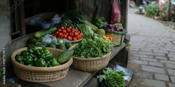 Fototapeta A colorful display of fresh vegetables at a local market, showcasing the abundance of produce and promoting healthy eating while portraying the vibrancy of community life.